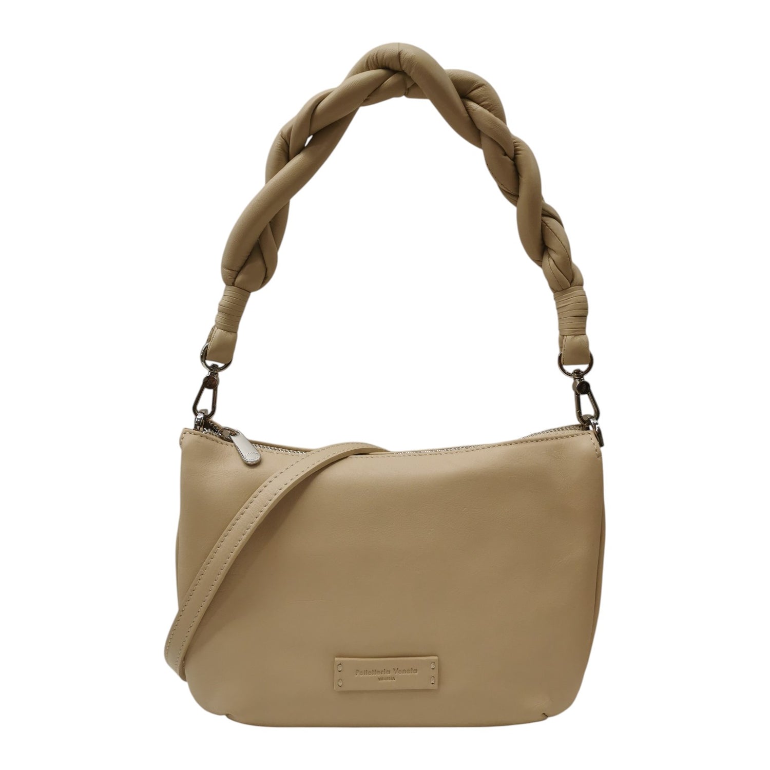 Pelletteria Veneta Borsa a Spalla Donna in Pelle Beige con Manico Intrecciato e Tracolla