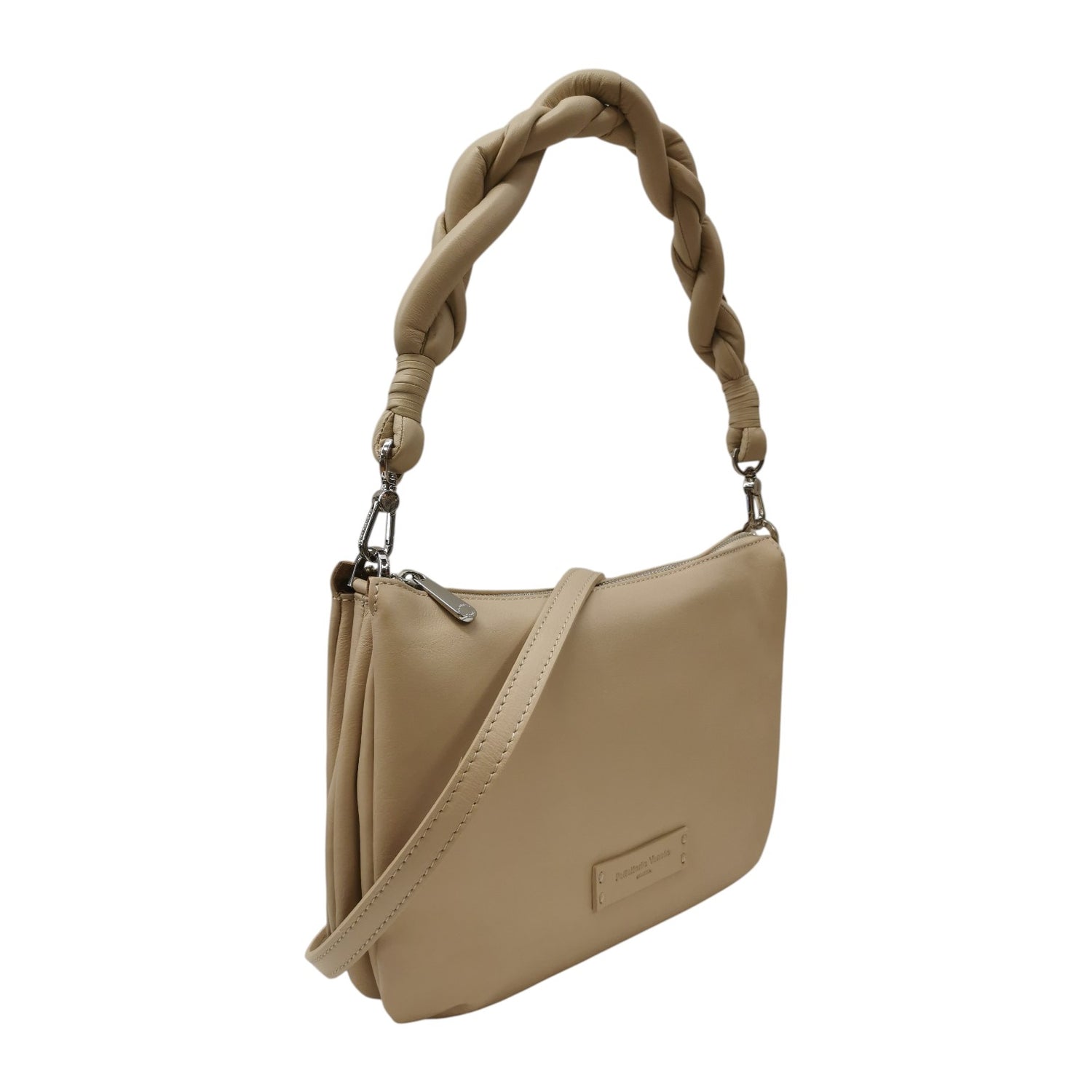 Pelletteria Veneta Borsa a Spalla Donna in Pelle Beige con Manico Intrecciato e Tracolla