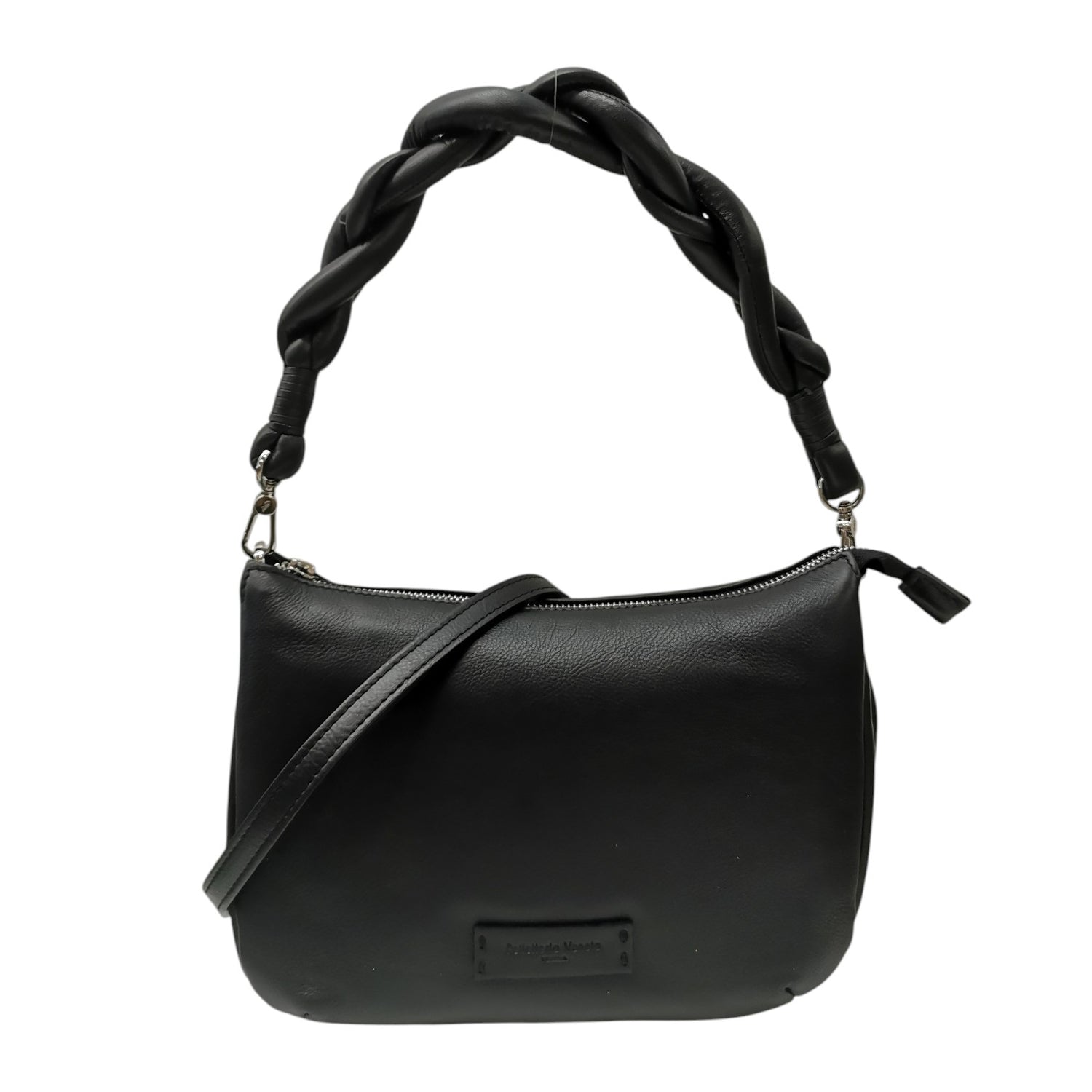 Pelletteria Veneta Borsa a Spalla Donna in Pelle Nera con Manico Intrecciato e Tracolla
