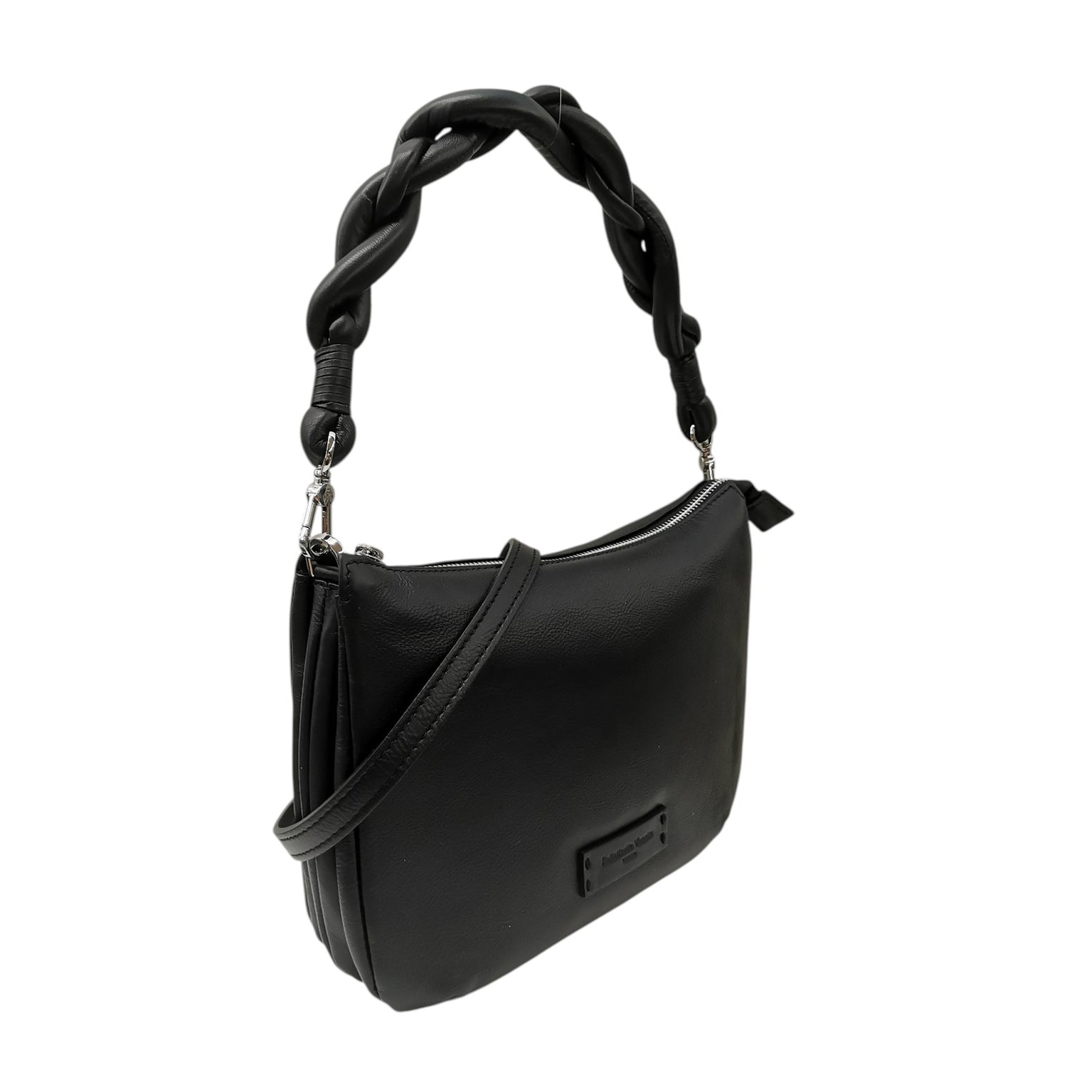 Pelletteria Veneta Borsa a Spalla Donna in Pelle Nera con Manico Intrecciato e Tracolla