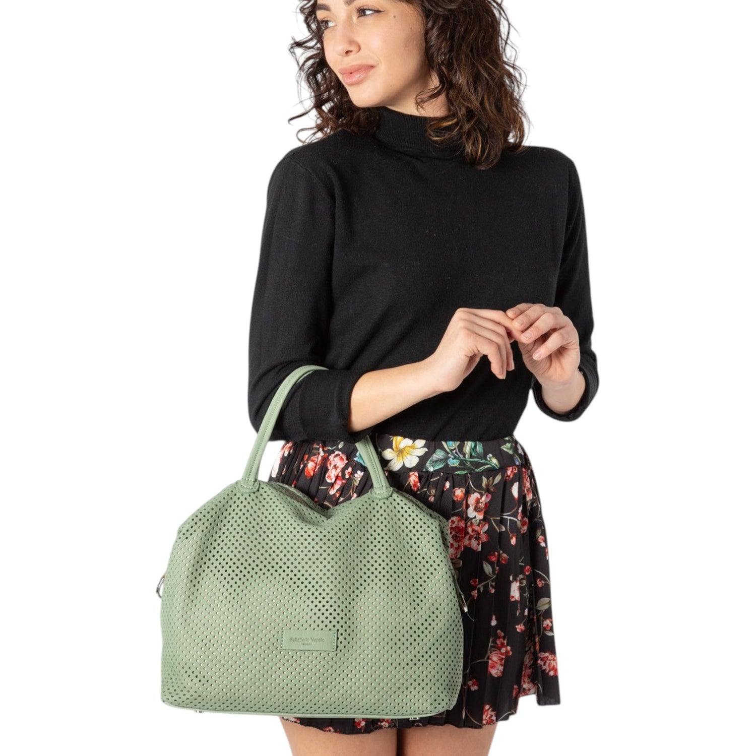 Pelletteria Veneta Borsa a Mano Donna in Nabuck Traforato Salvia con Tracolla