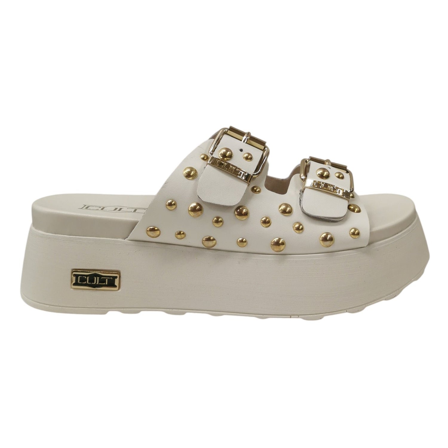 Cult Ciabatta Donna Platform in Pelle Bianca Oro con Borchie