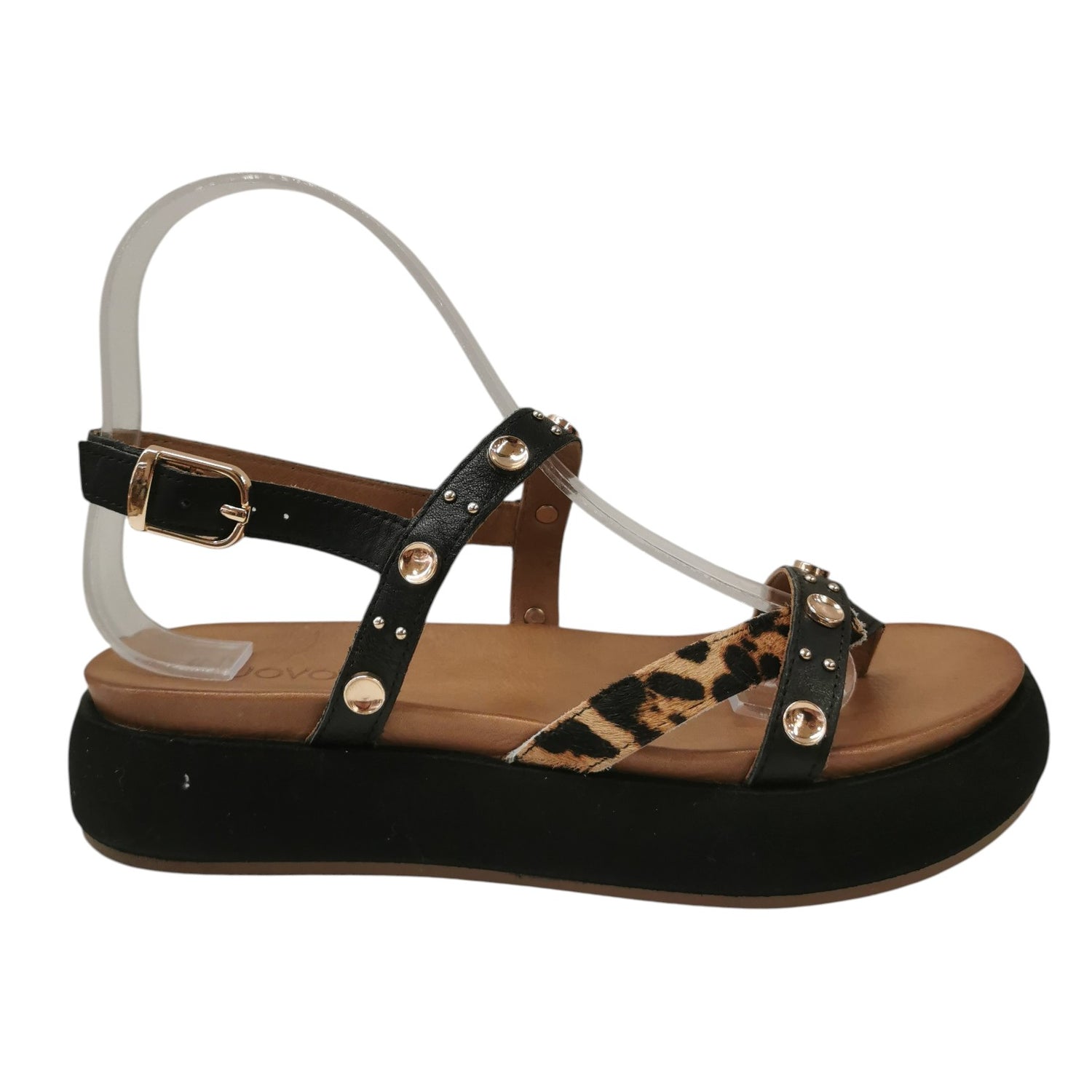 Inuovo Sandalo Platform Donna in Pelle Nera con Dettaglio Leopardato