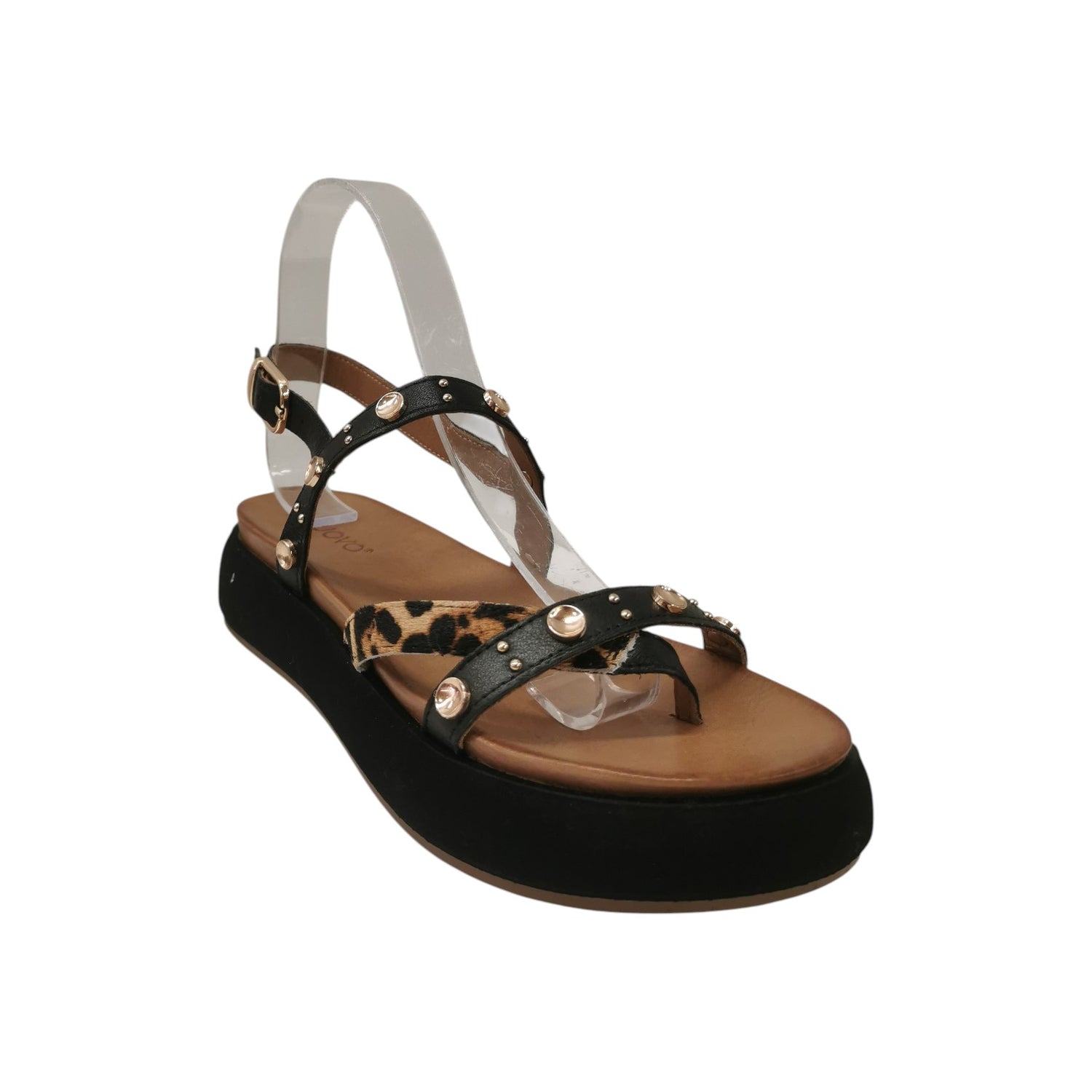 Inuovo Sandalo Platform Donna in Pelle Nera con Dettaglio Leopardato