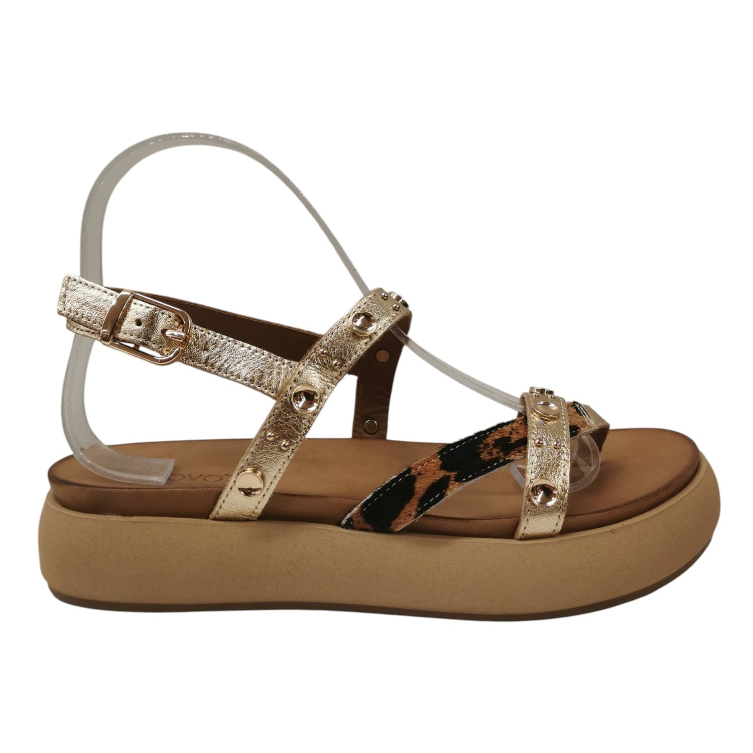 Inuovo Sandalo Platform Donna in Pelle Oro con Dettaglio Leopardato
