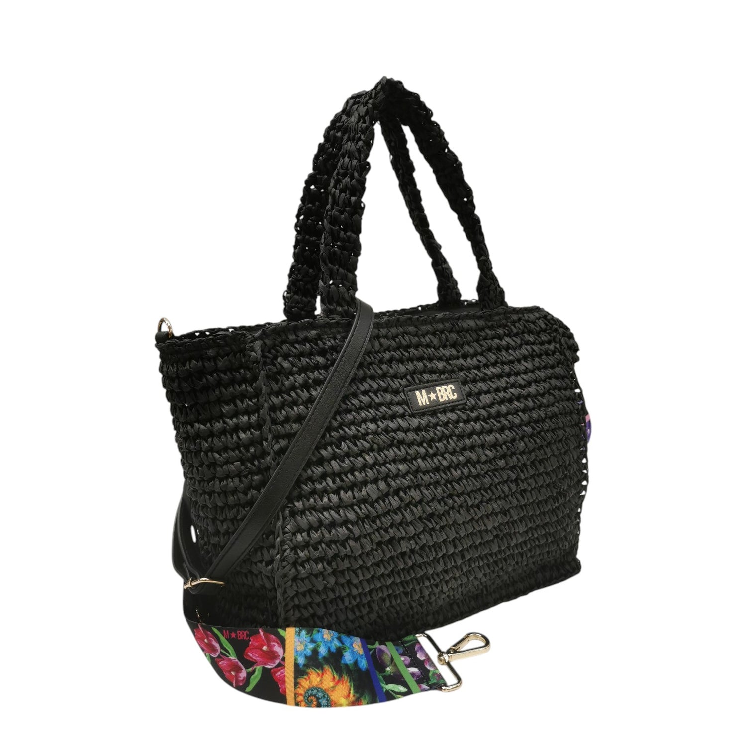 M Brc Borsa a Mano Donna Media Linea Raffia Nera con Doppia Tracolla