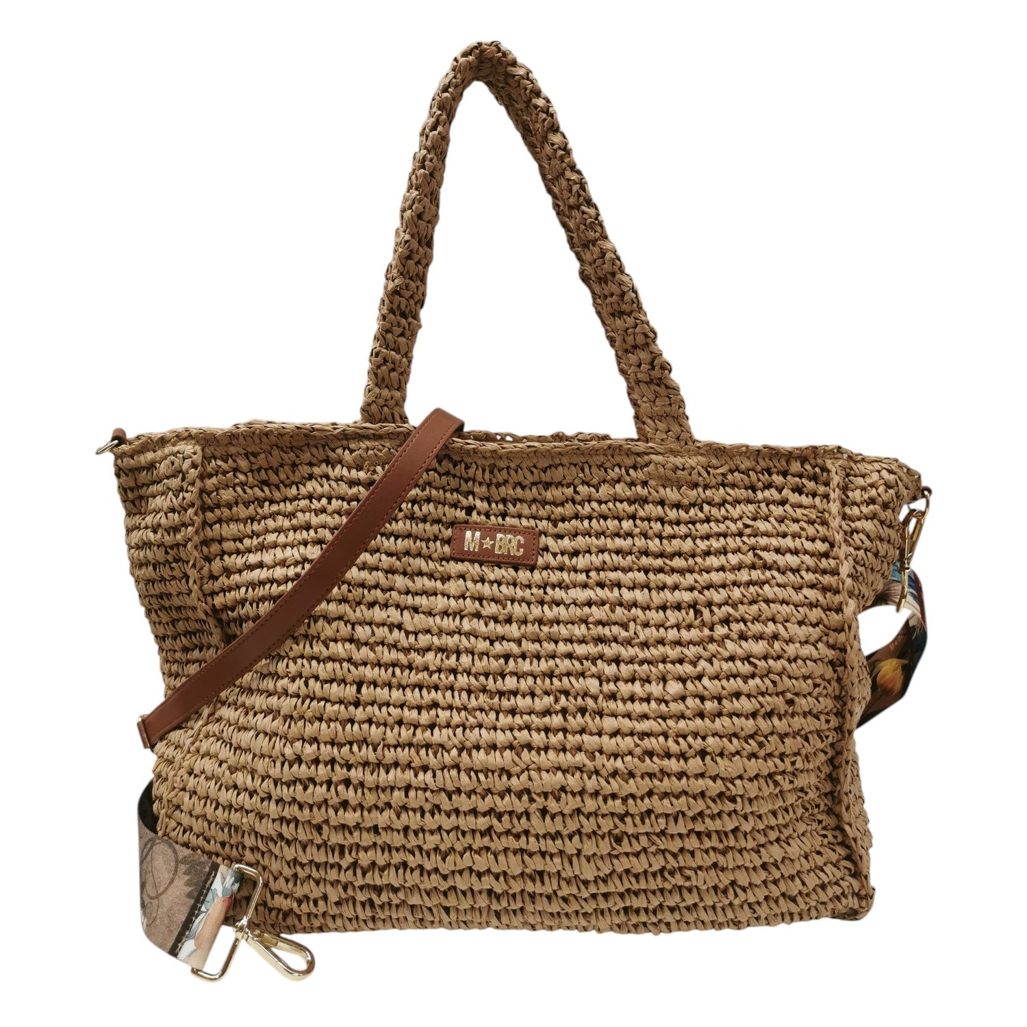 M Brc Borsa a Spalla Donna Grande Linea Raffia Cammello con Doppia Tracolla