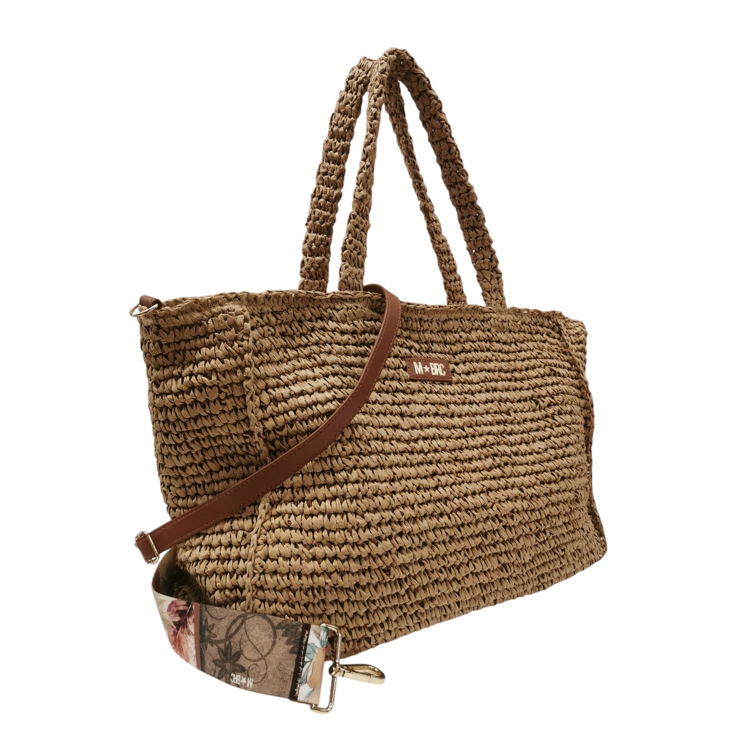 M Brc Borsa a Spalla Donna Grande Linea Raffia Cammello con Doppia Tracolla