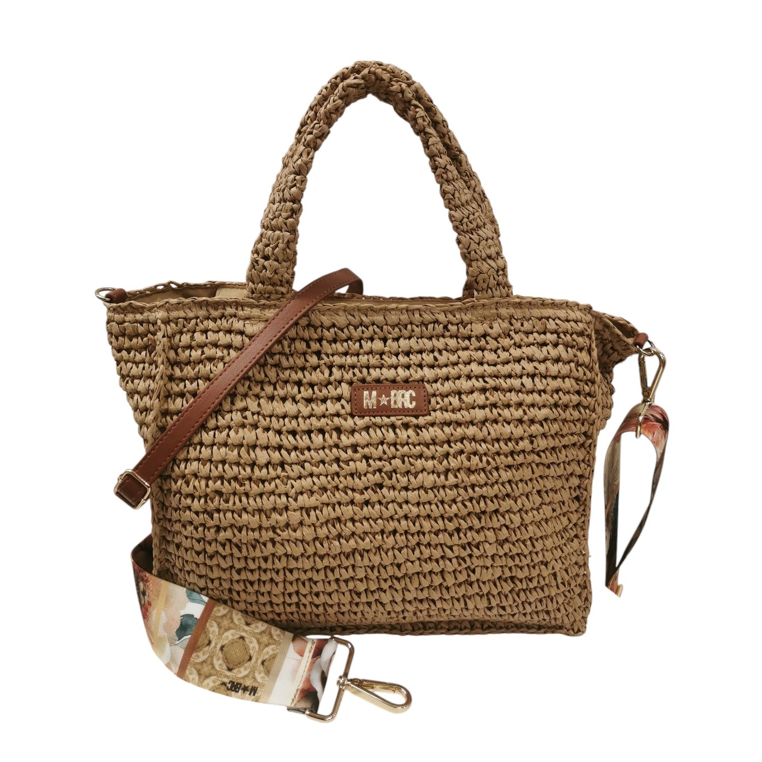 M Brc Borsa a Mano Donna Media Linea Raffia Cammello con Doppia Tracolla