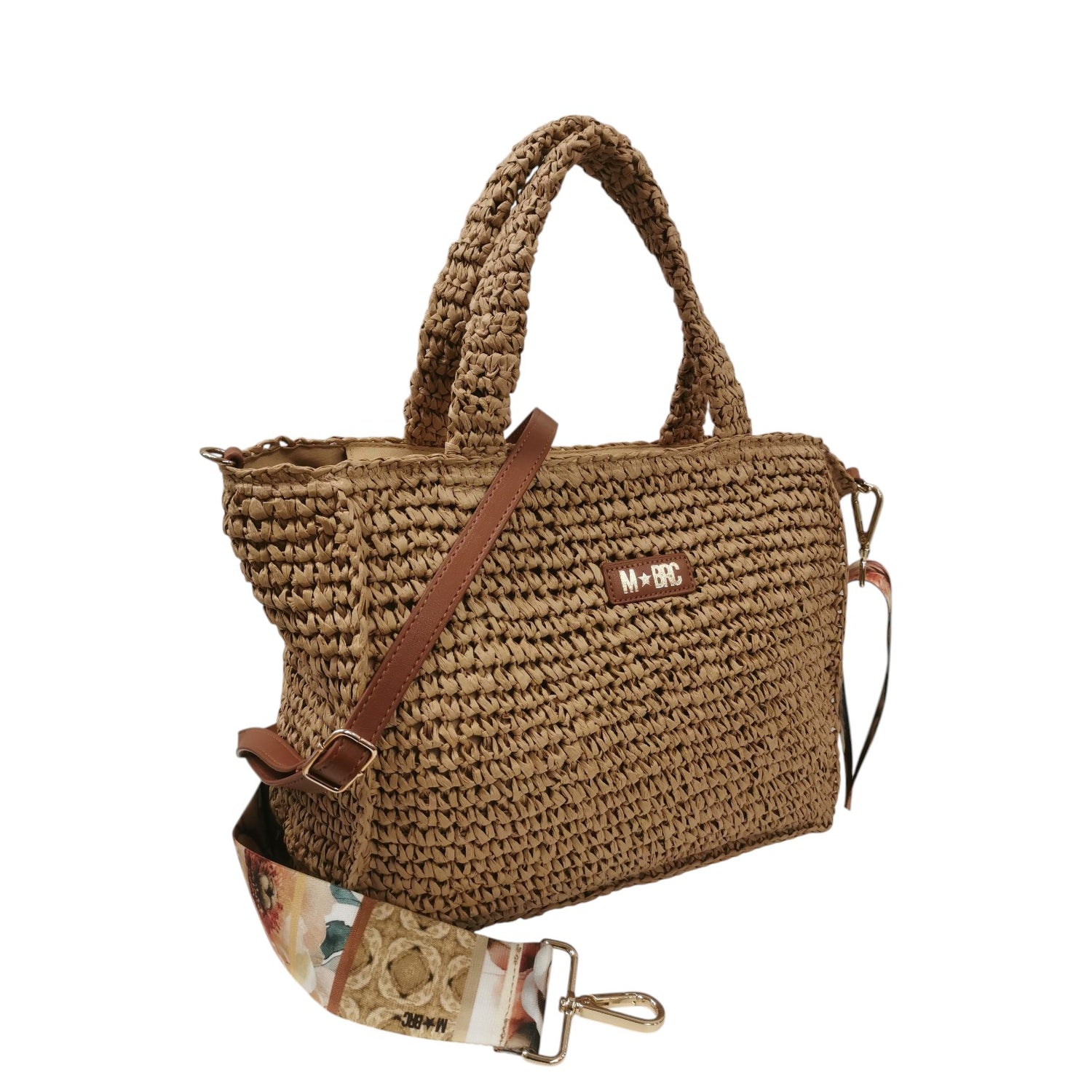 M Brc Borsa a Mano Donna Media Linea Raffia Cammello con Doppia Tracolla
