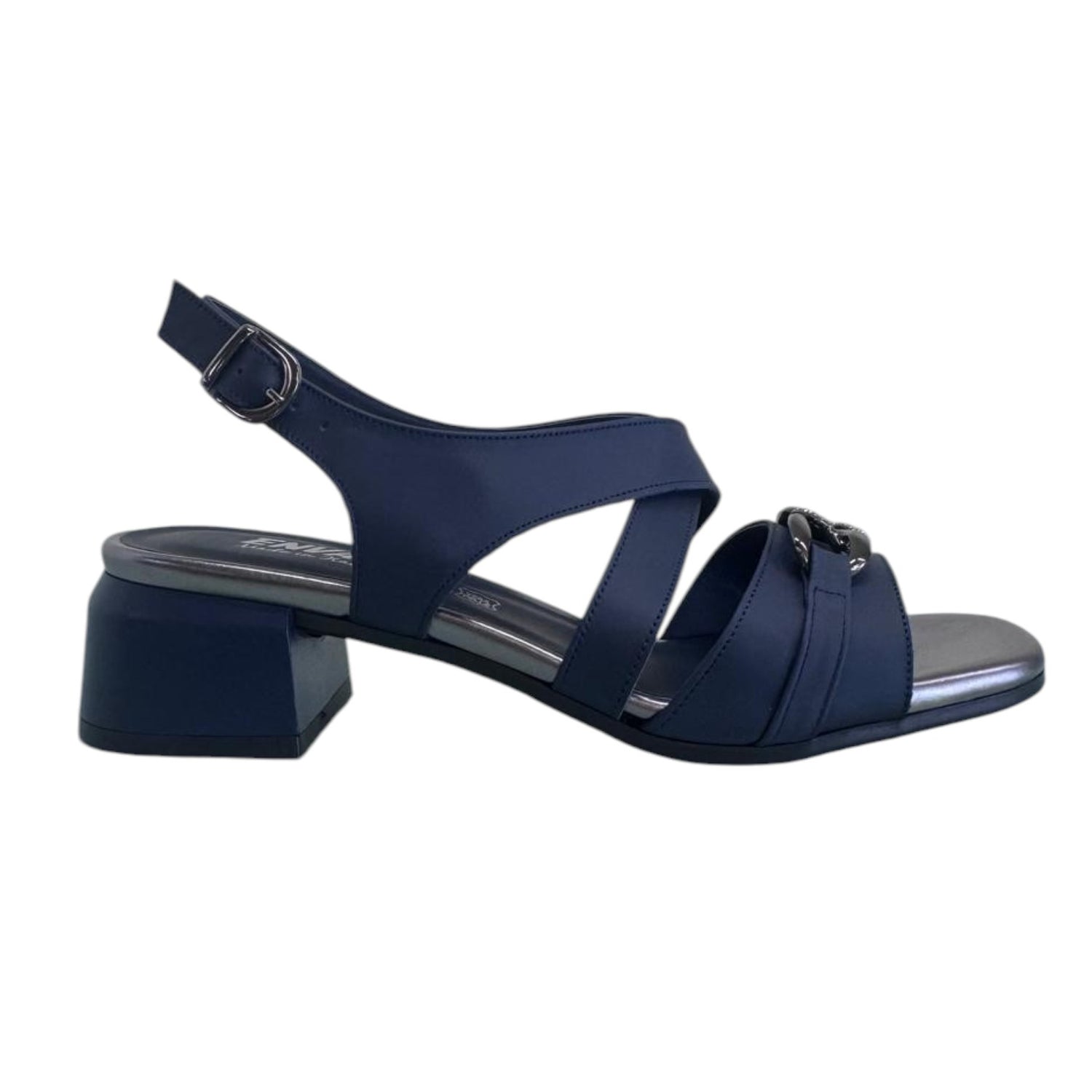 Enval Soft Sandalo Donna in Pelle Blu con Catena e Tacco Largo Alto 45mm