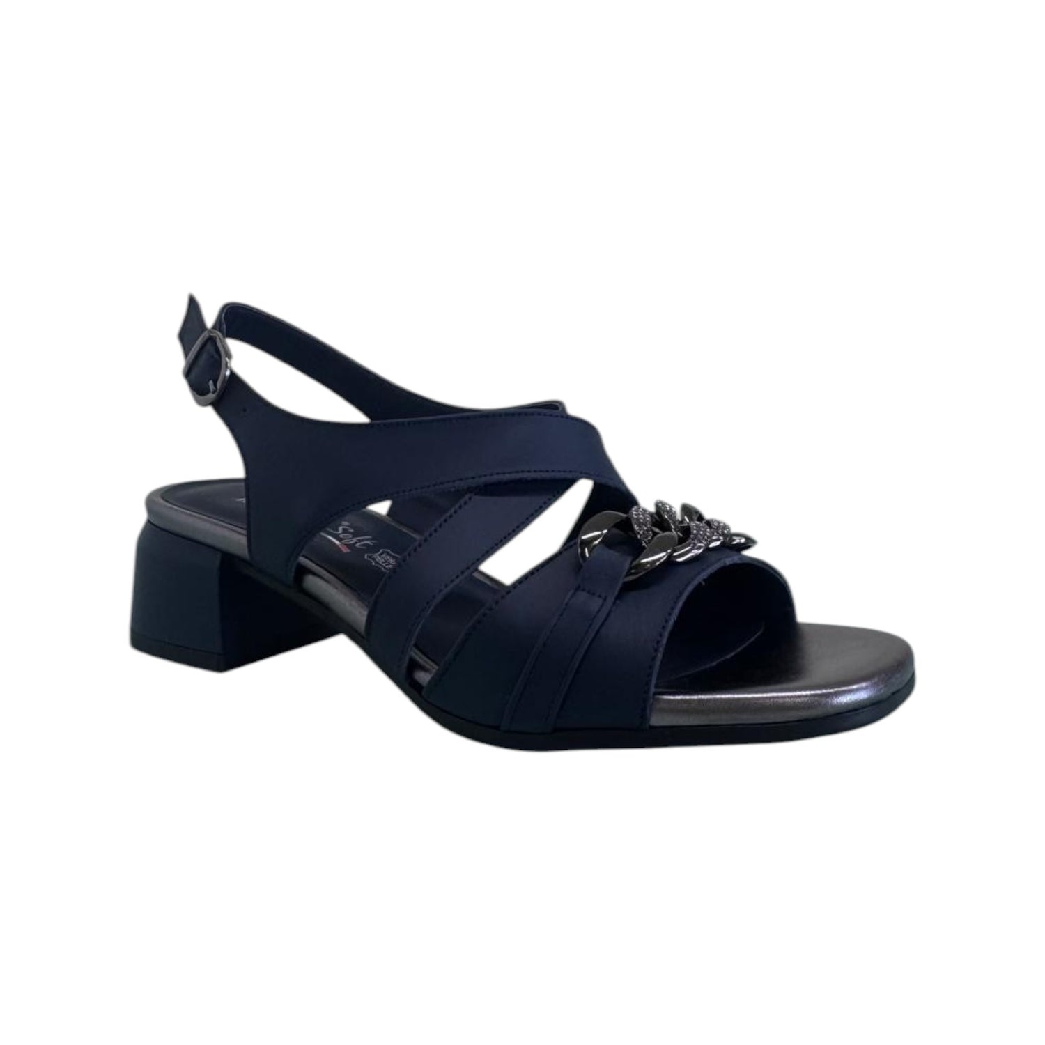 Enval Soft Sandalo Donna in Pelle Blu con Catena e Tacco Largo Alto 45mm