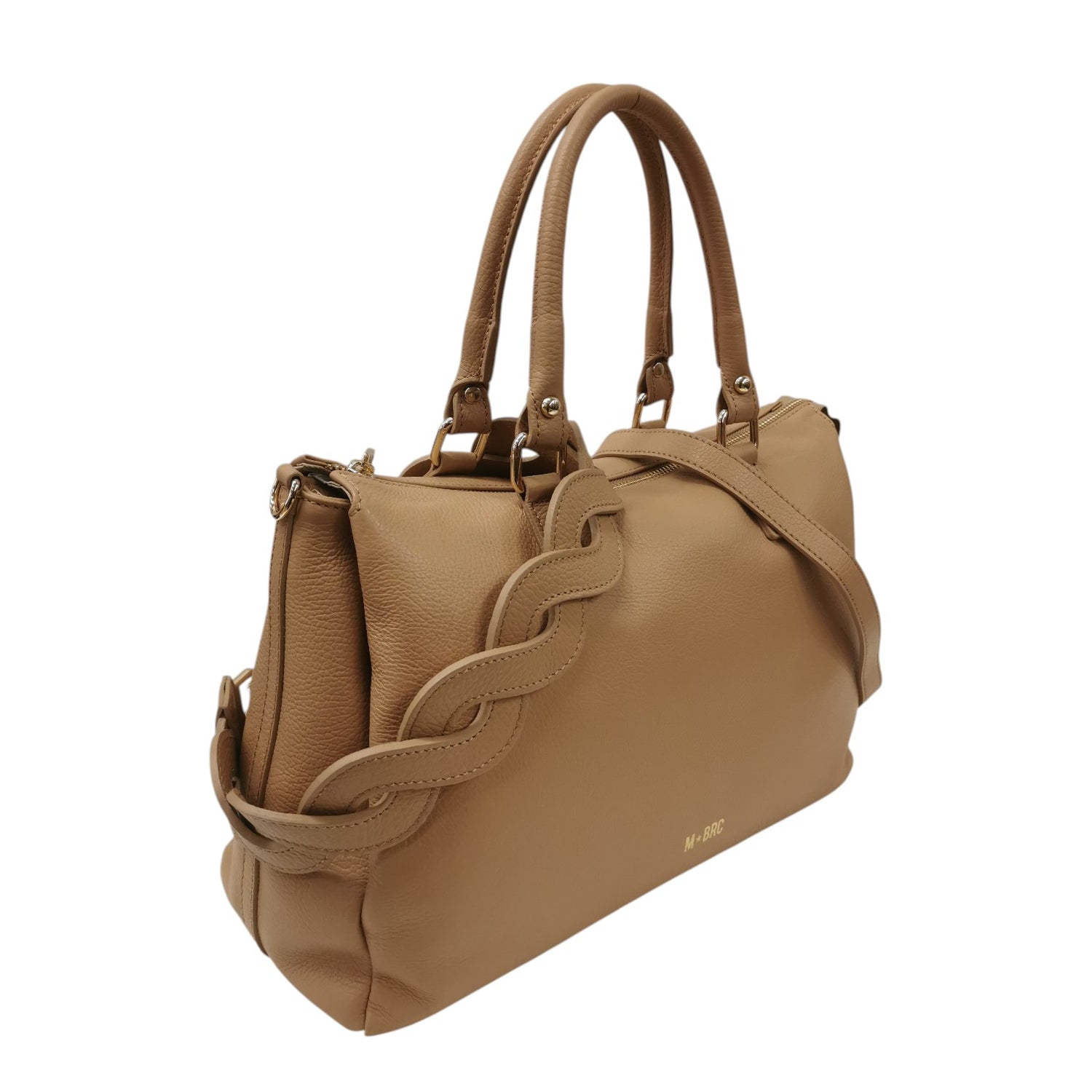 M Brc Borsa a Spalla Donna Linea Onda in Pelle Cammello con Doppia Tracolla