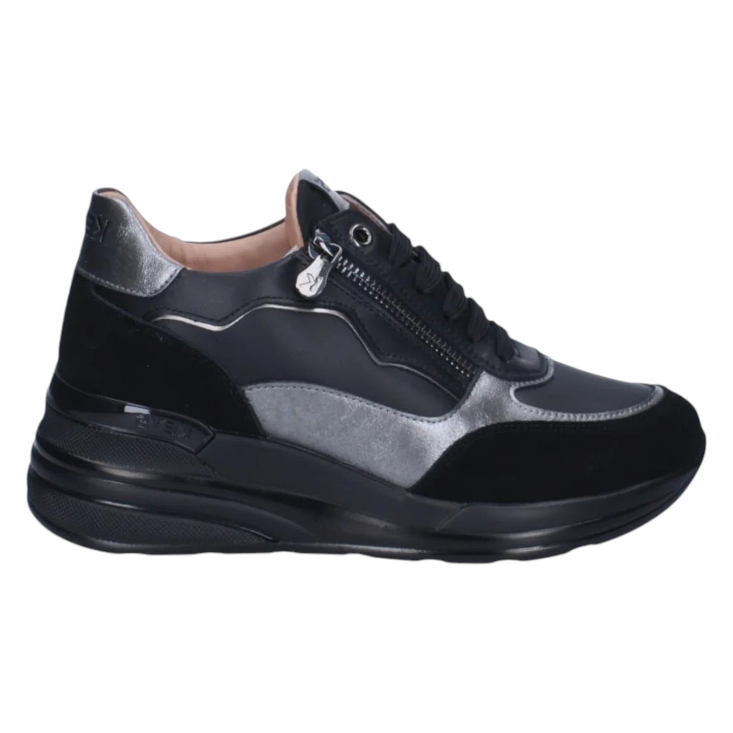 Keys Sneakers Donna Nera in Pelle e Camoscio con Zeppa Alta 60mm
