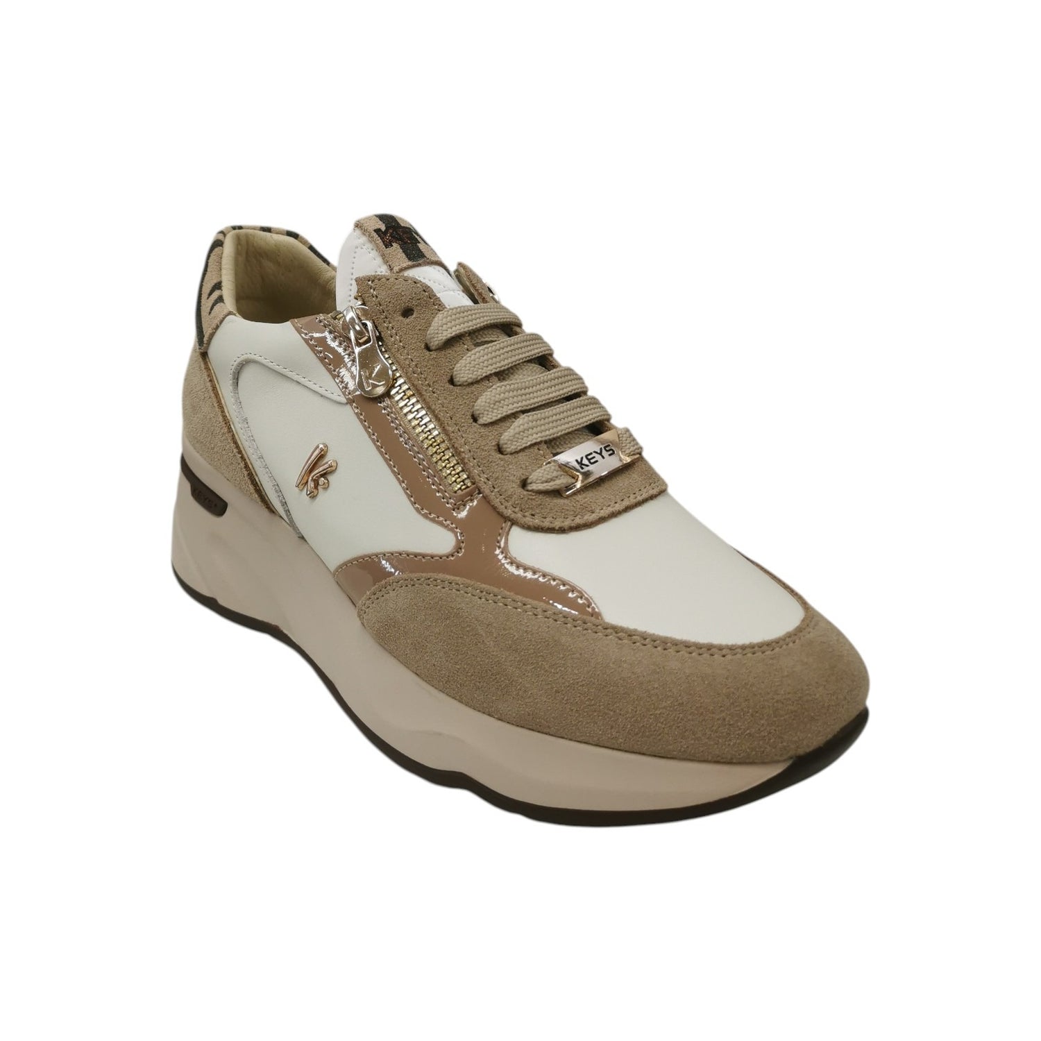 Keys Sneakers Donna in Pelle e Camoscio Beige Bianco con Zeppa Alta 60mm