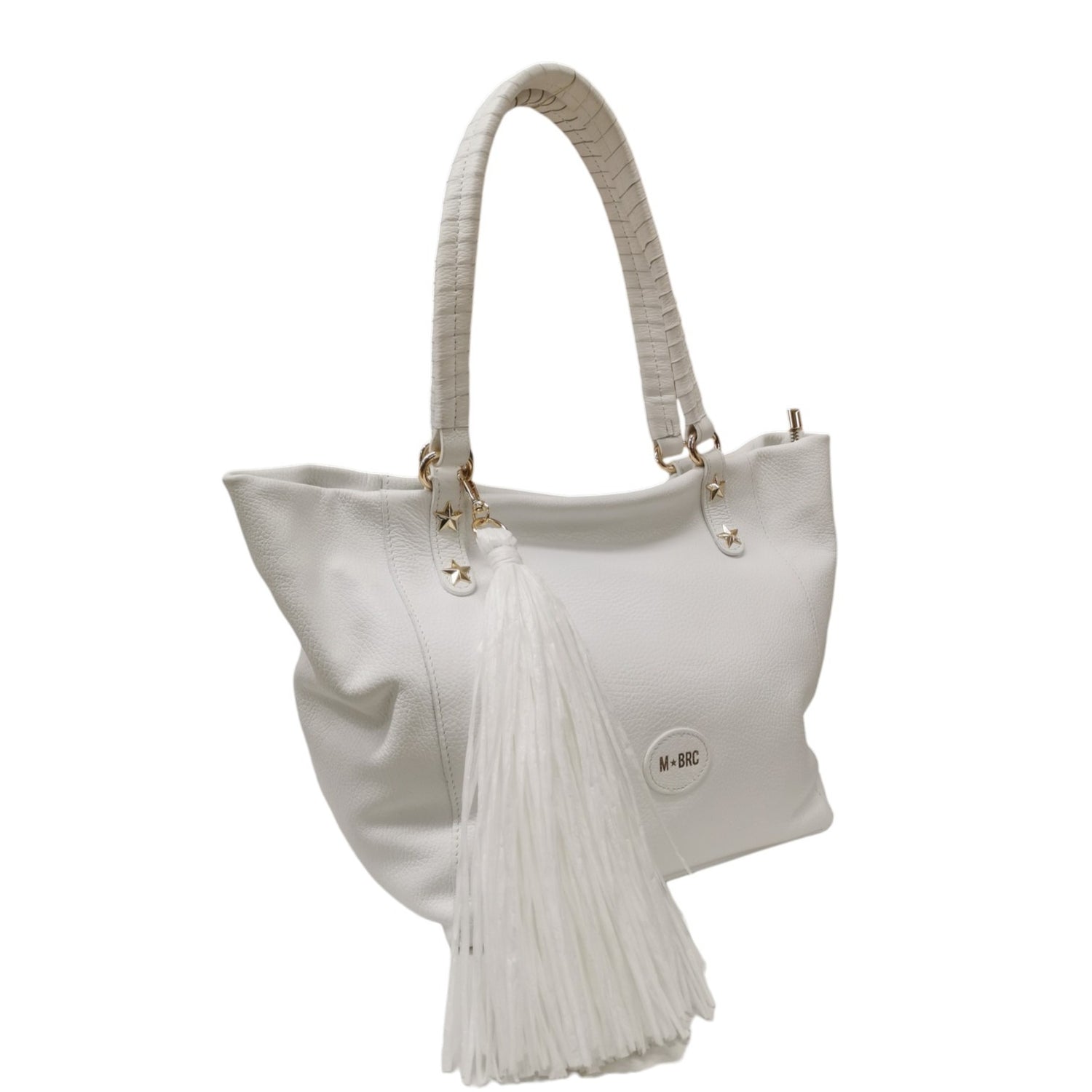 M Brc Borsa a Spalla Donna in Pelle Bianco Linea Farouk con Accessorio Laterale Removibile
