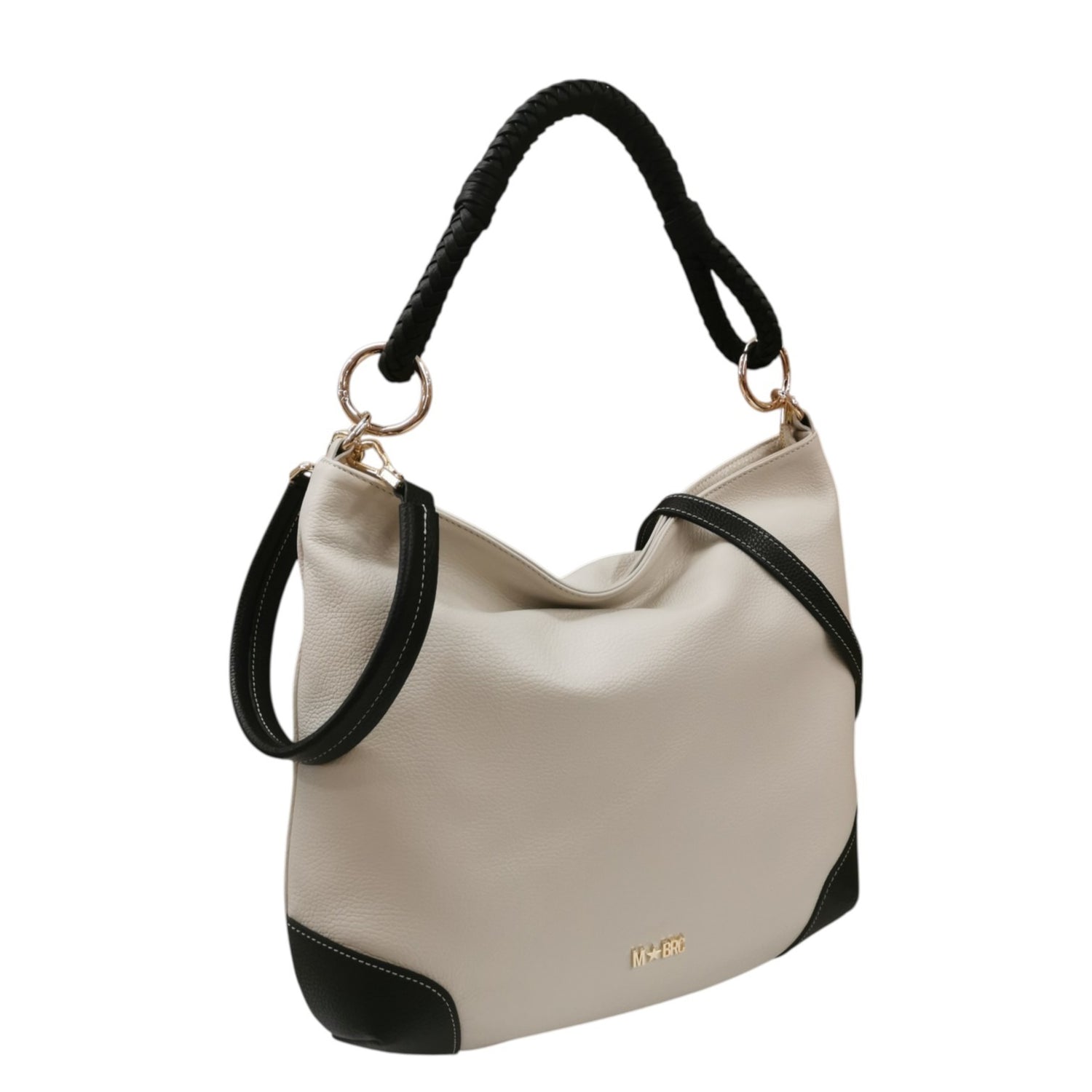M Brc Borsa a Spalla Donna Story in Pelle Avorio Nero con Manico Intrecciati