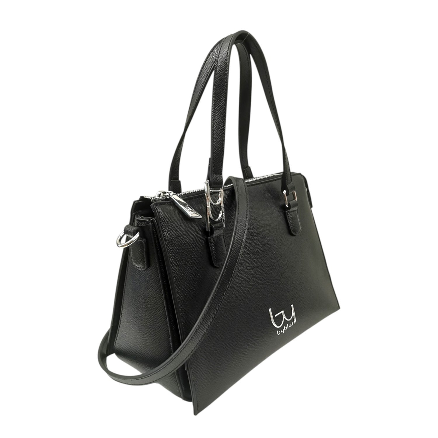By Byblos Borsa a Mano Donna in Ecopelle Nera con Logo sul Manico e Tracolla