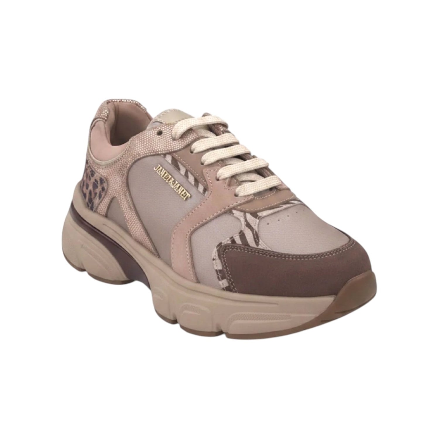 Janet&Janet Sneakers Donna in Pelle e Camoscio Nudo con Inserti Animalier