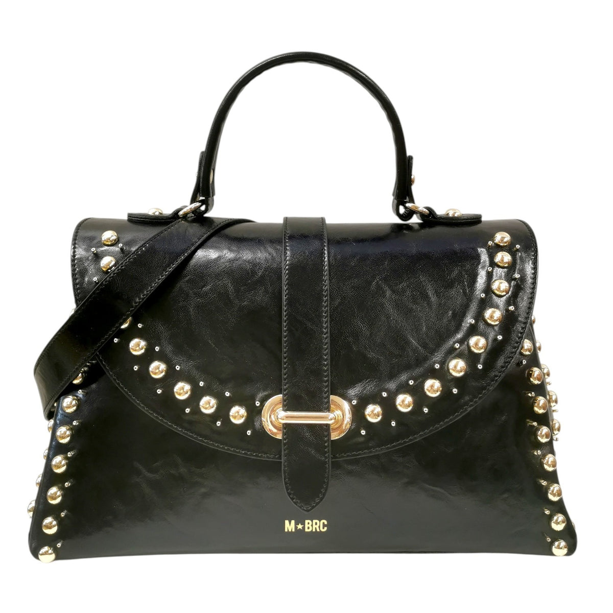 M Brc Borsa a Mano Donna in Pelle Nera Linea Rock con Borchie e Tracolla