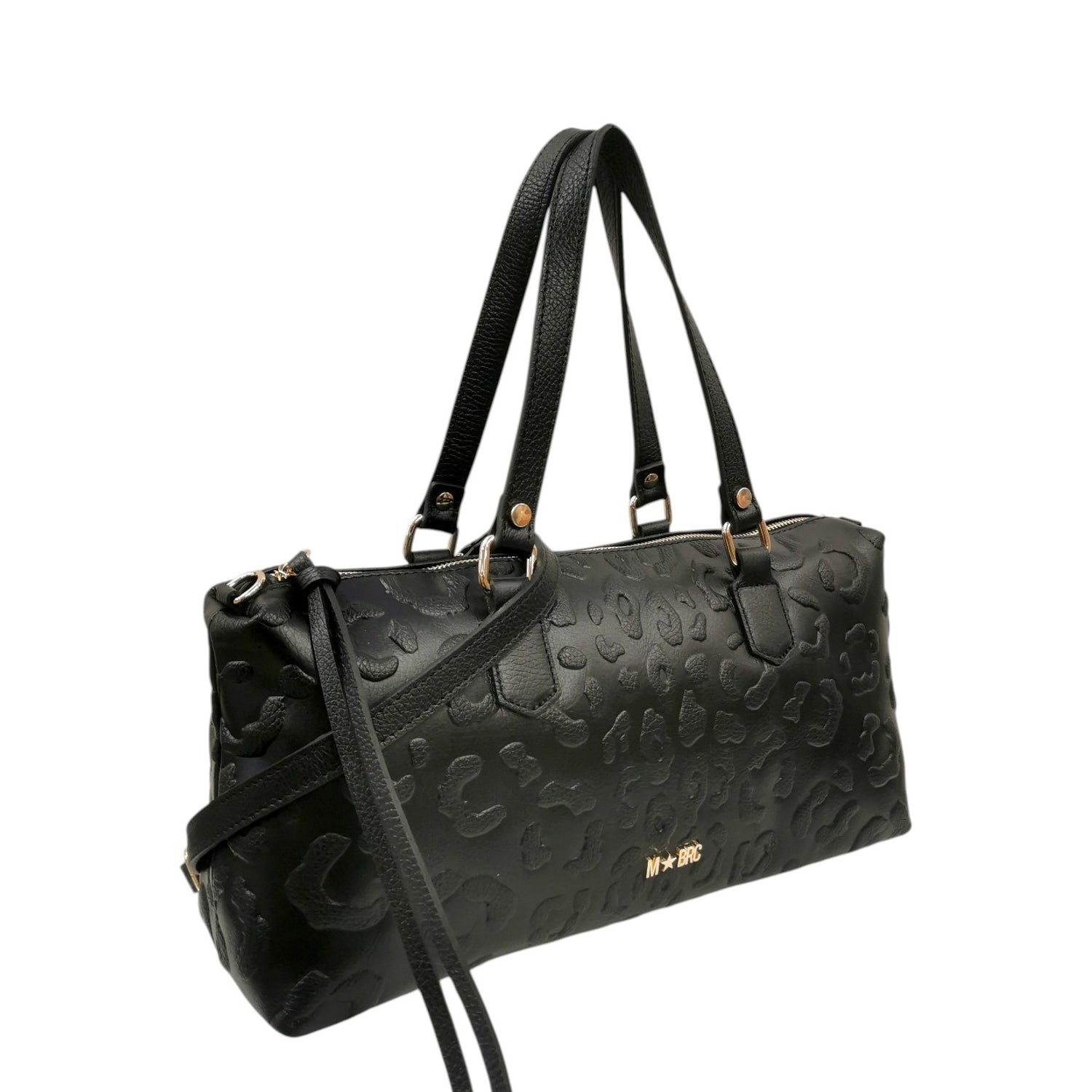 M Brc Borsa a Mano Donna Linea Print Nera in Pelle con Tracolla