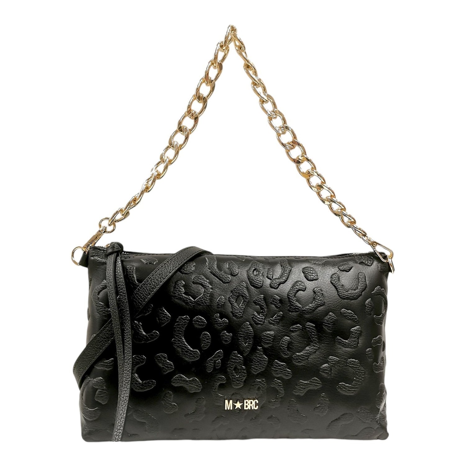 M Brc Borsa a Spalla Donna Linea Print in Pelle Nera con Manico a Catena