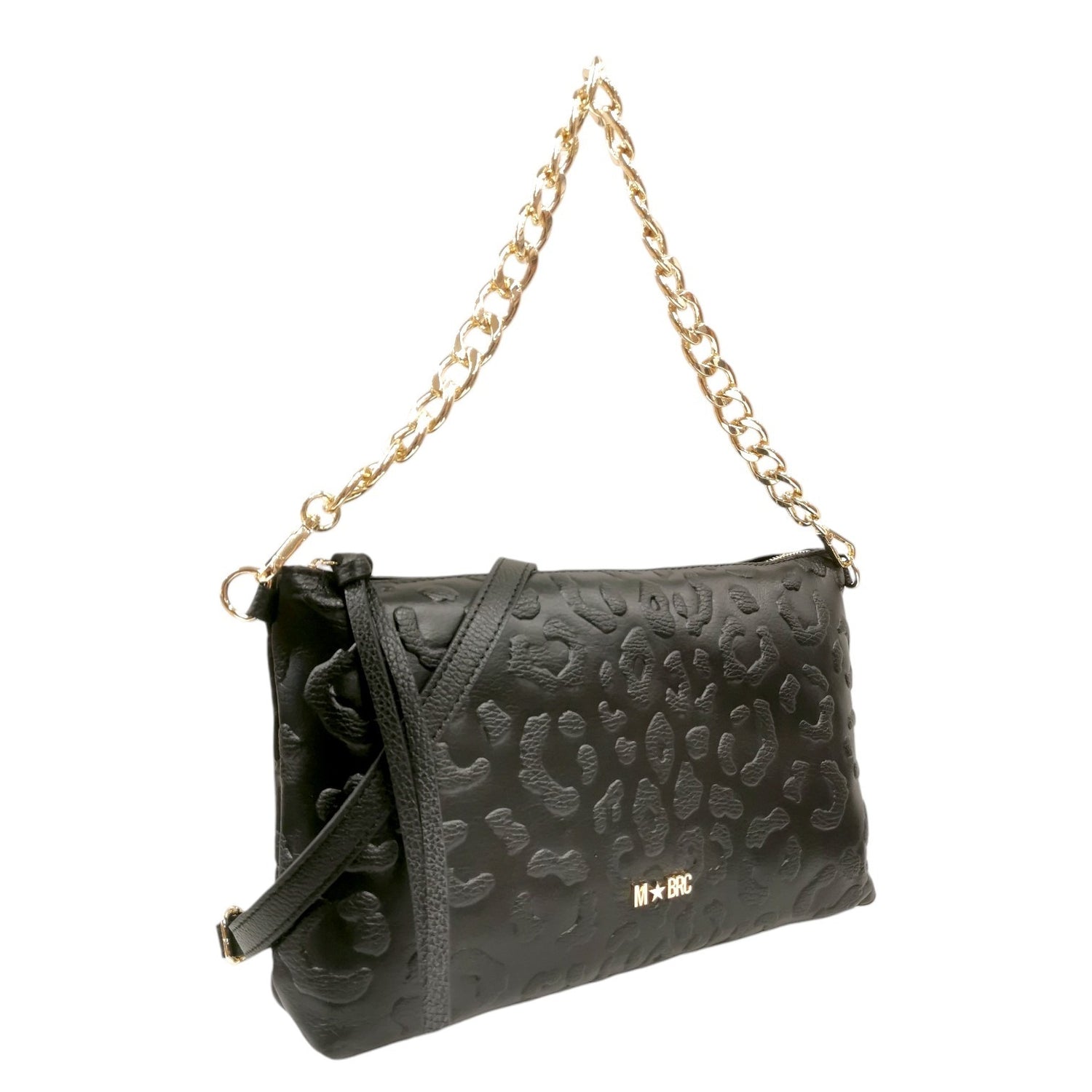M Brc Borsa a Spalla Donna Linea Print in Pelle Nera con Manico a Catena