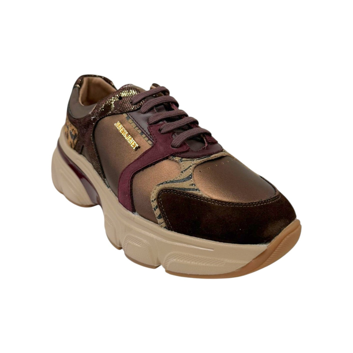 Janet&Janet Sneakers Donna in Pelle e Camoscio Marrone Bronzo con Inserti Animalier