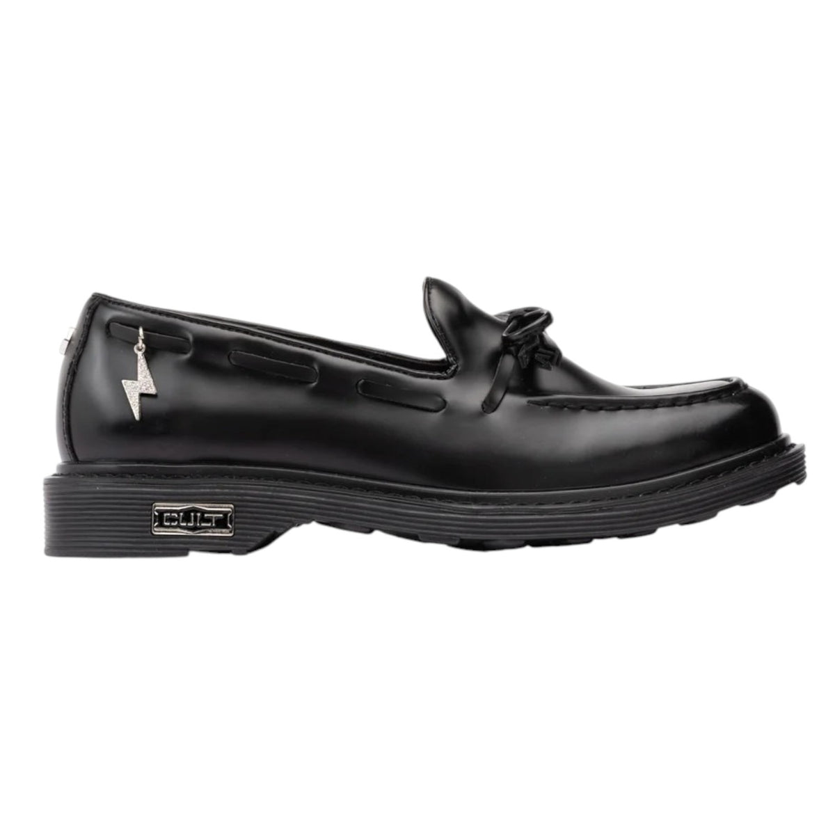Cult Mocassino Donna in Ecopelle Lucida Nera con Charm e Fiocco