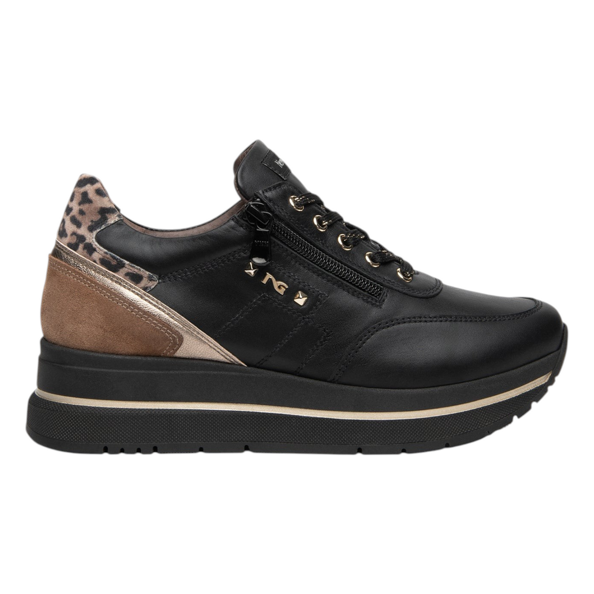 Nero Giardini Sneakers Donna Platform Nero Leopardato con Lacci e Zip