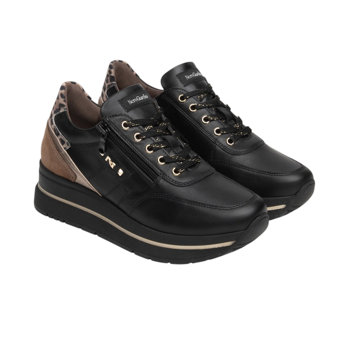 Nero Giardini Sneakers Donna Platform Nero Leopardato con Lacci e Zip