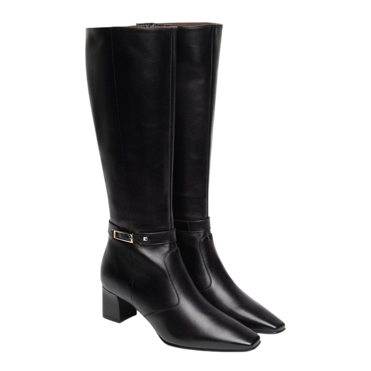 Nero Giardini Stivale Donna in Pelle Nera con Dettaglio Oro e Tacco Largo Alto 50mm