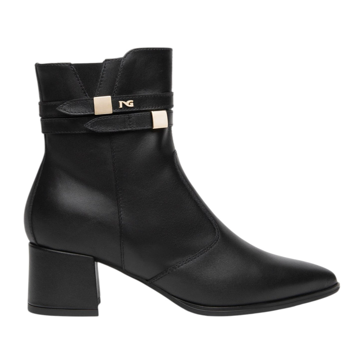 Nero Giardini Tronchetto Donna Nero con Dettagli Oro e Tacco Largo Alto 55mm