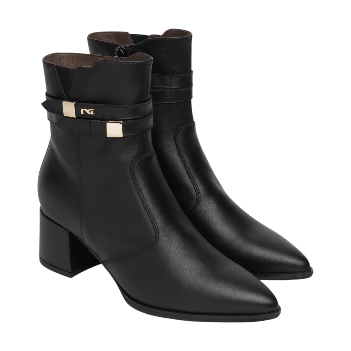 Nero Giardini Tronchetto Donna Nero con Dettagli Oro e Tacco Largo Alto 55mm