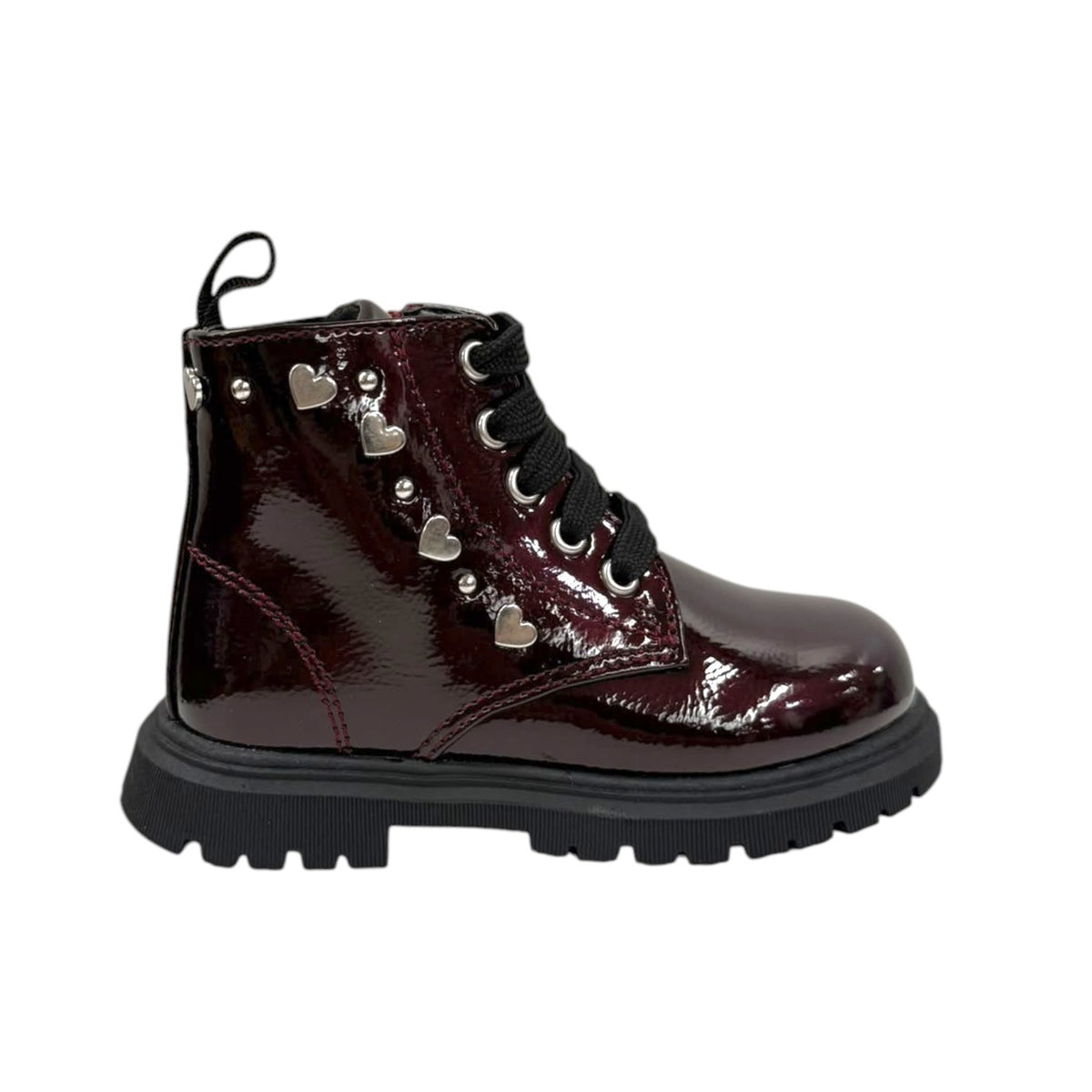 Cult Young Anfibio Bambina in Vernice Bordeaux con Cuori e Borchiette