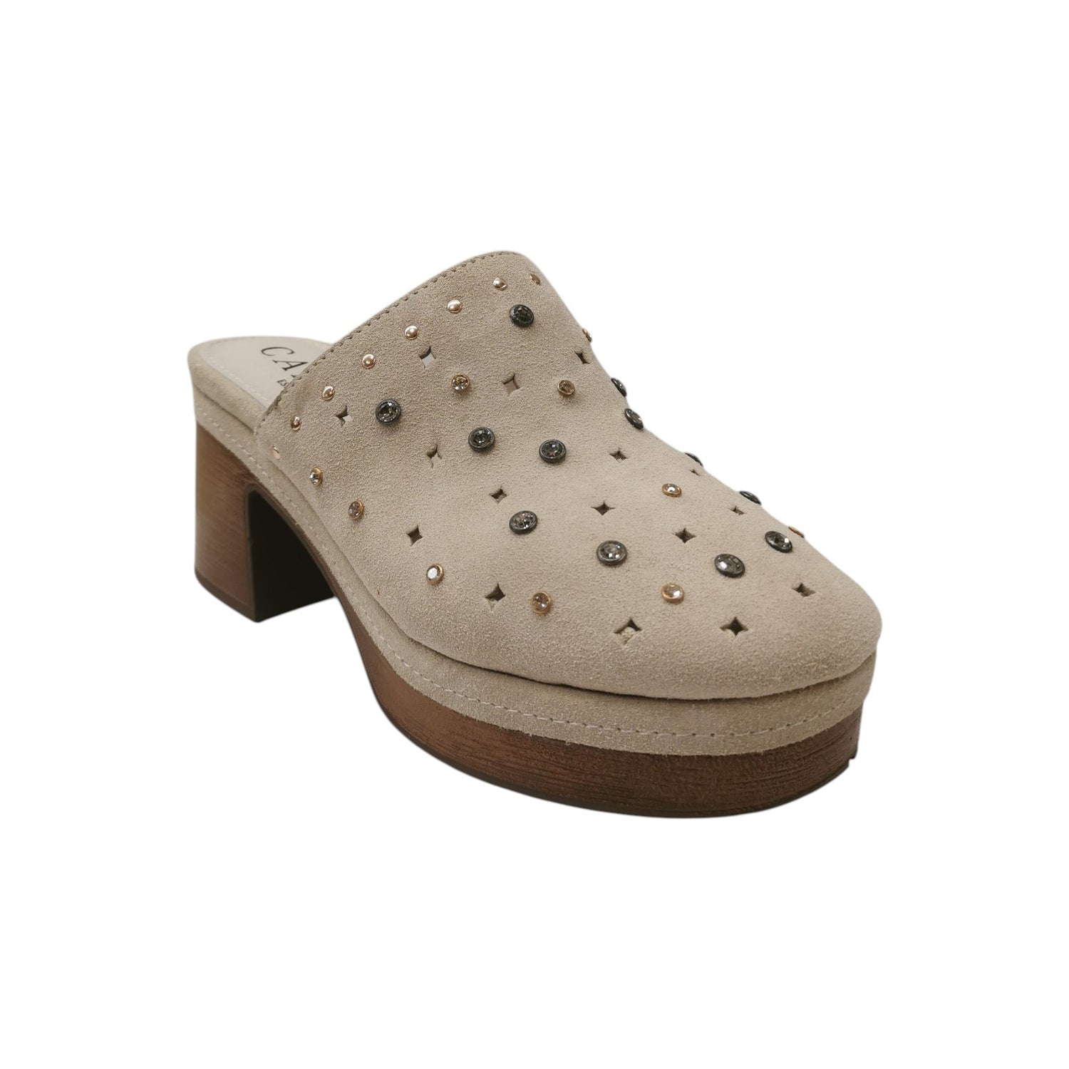 Carmela Sabot Donna in Camoscio Beige con Strass e Tacco Largo Alto 80mm