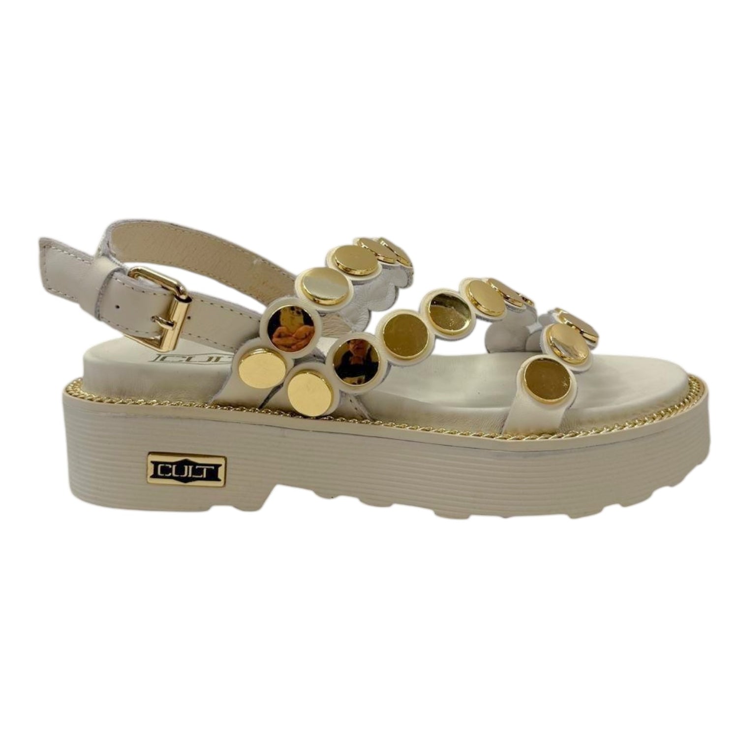 Cult Sandalo Donna Bianco Sporco con Borchie Oro Specchiate