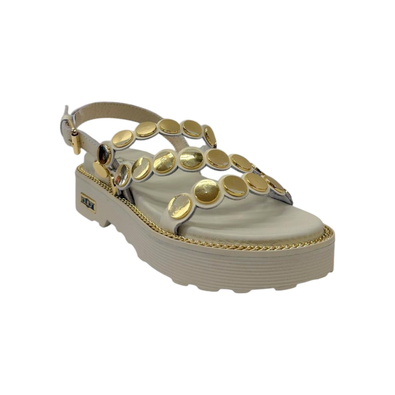 Cult Sandalo Donna Bianco Sporco con Borchie Oro Specchiate