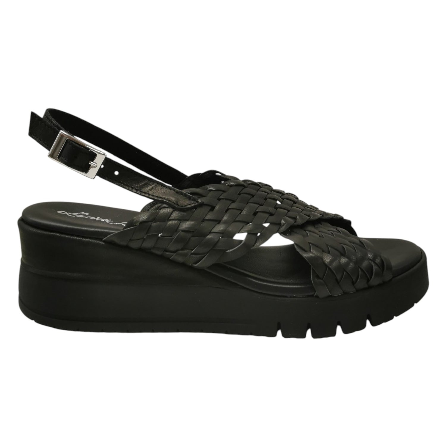 Laura Bizzarri Sandalo Donna in Pelle Intrecciata Nera con Zeppa Alta 60mm