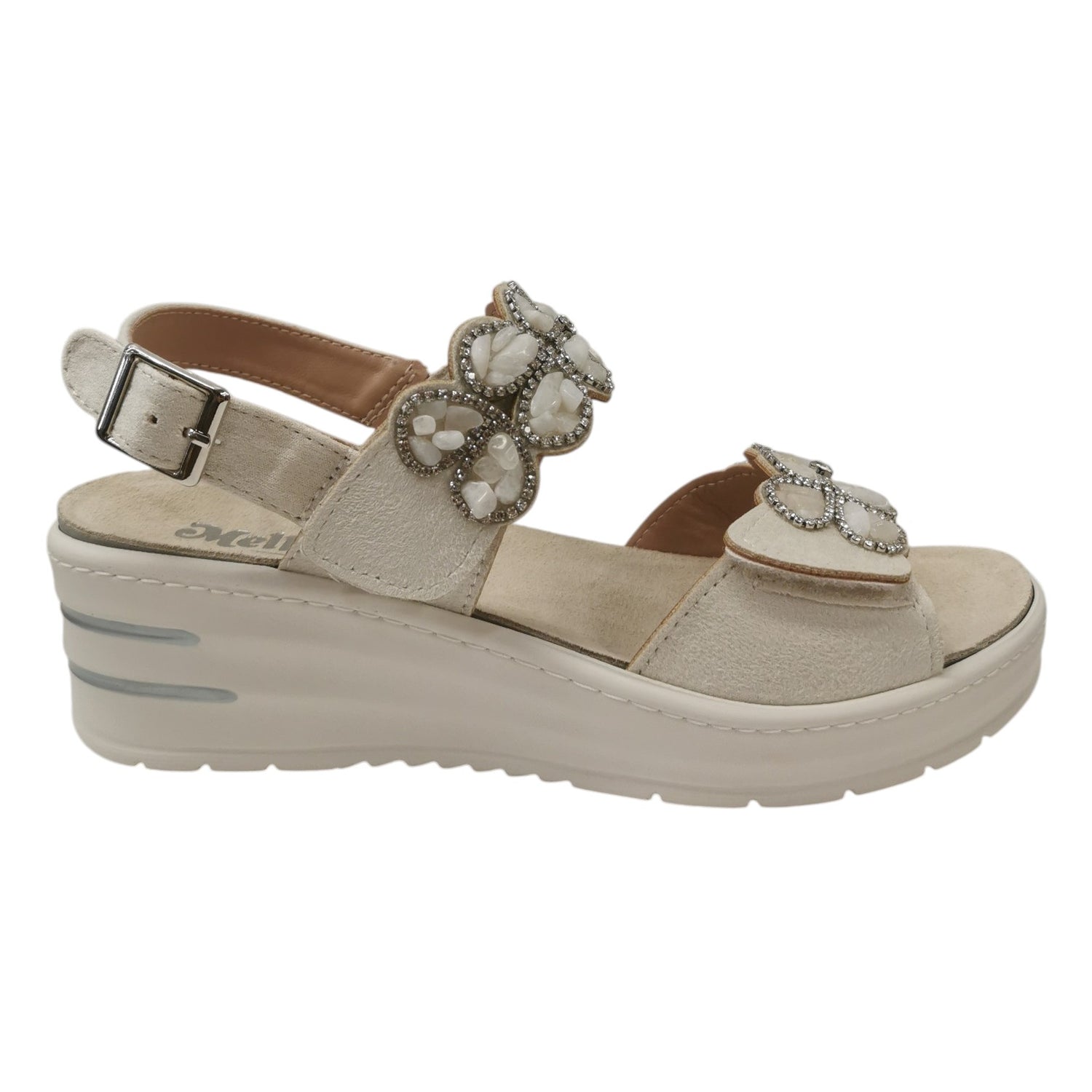 Melluso Sandalo Donna in Pelle Bianca con Pietre e Zeppa
