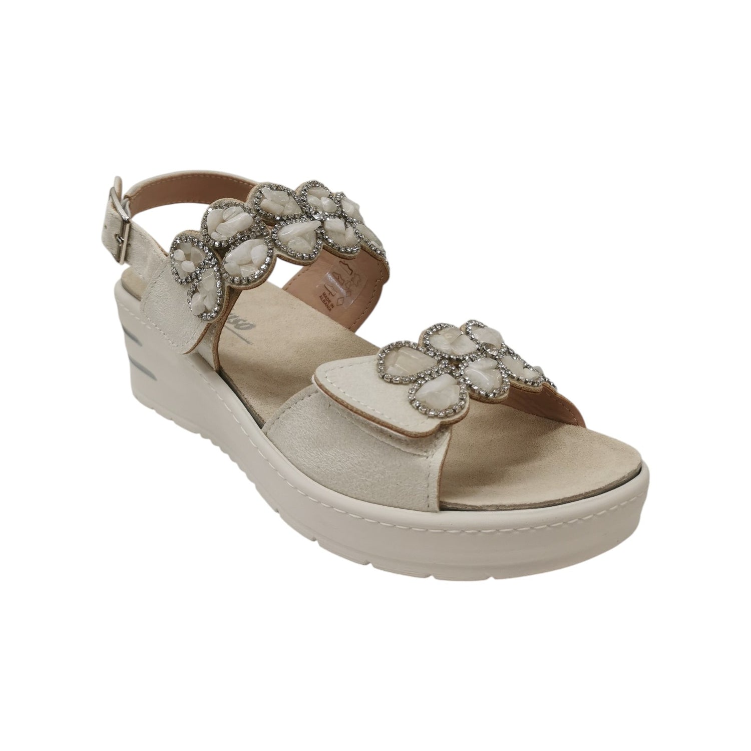 Melluso Sandalo Donna in Pelle Bianca con Pietre e Zeppa