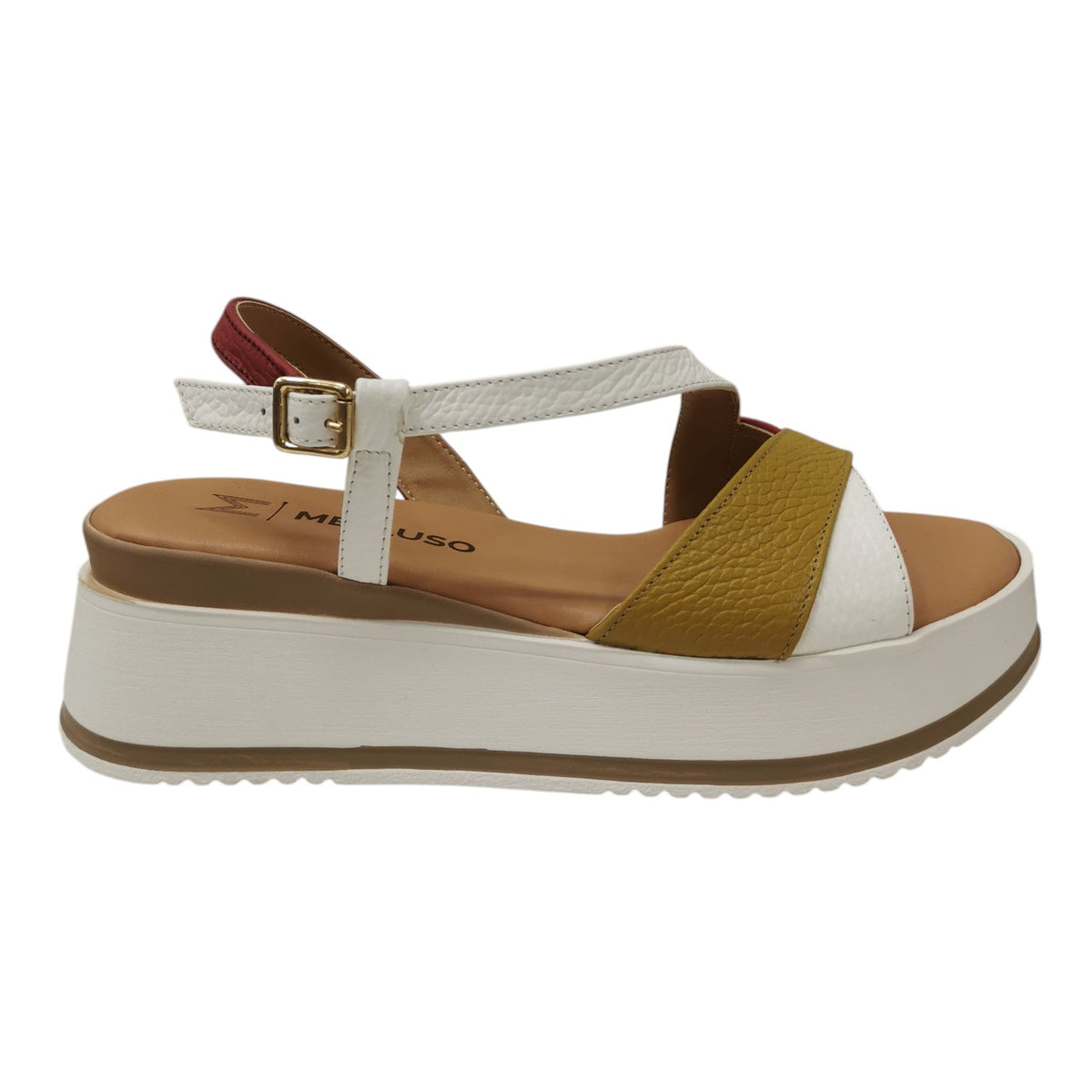 Melluso Sandalo Donna in Pelle Bianco Mostarda con Zeppa Alta 60mm