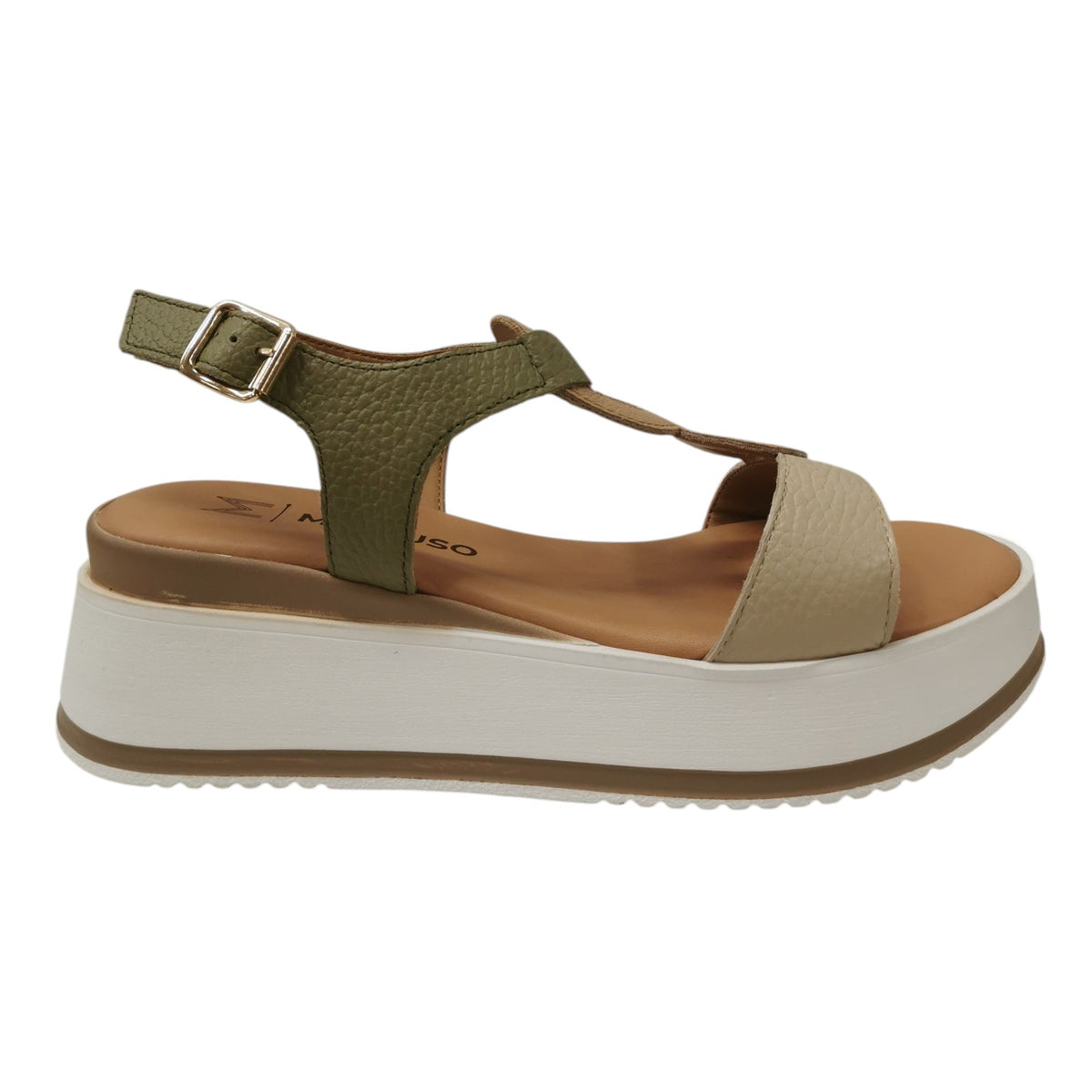 Melluso Sandalo Donna in Pelle Crema Verde con Zeppa Alta 60mm