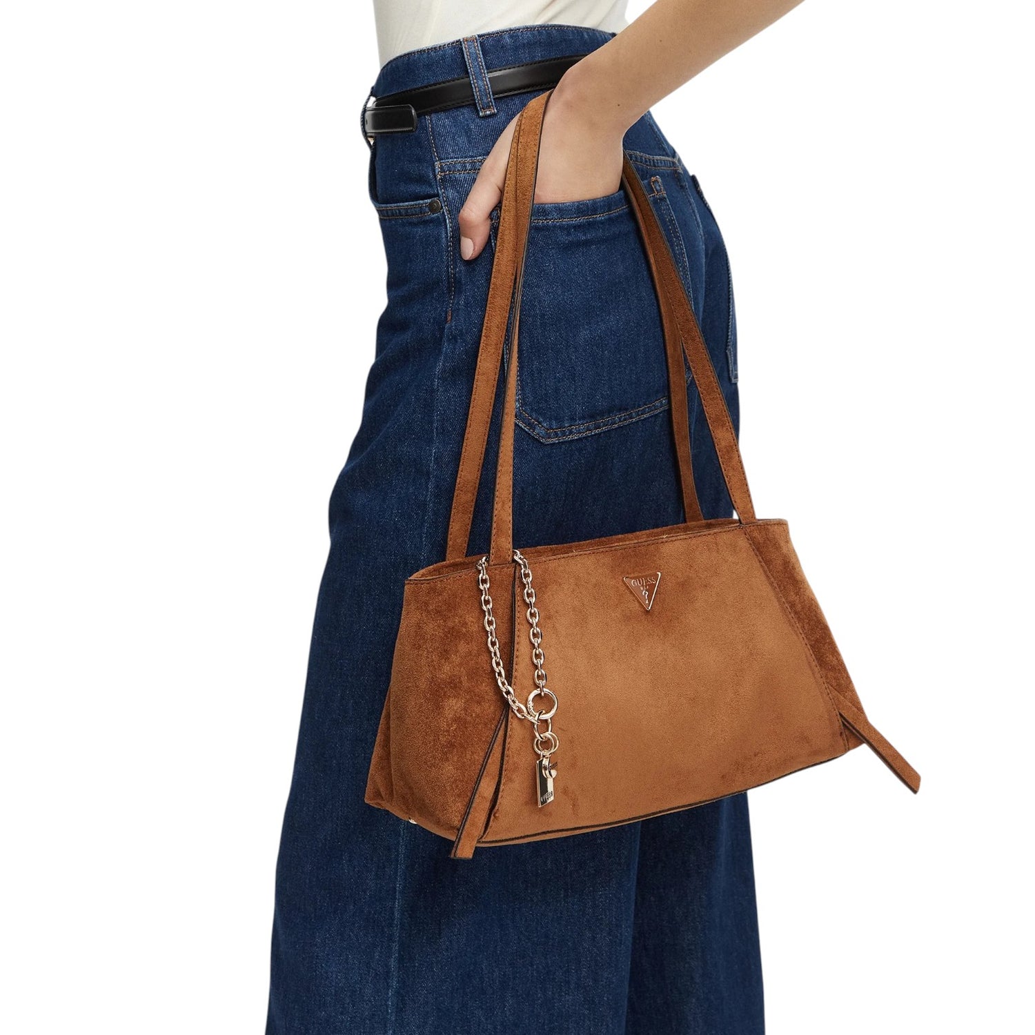 Guess Borsa a Spalla Donna Devon in Camoscio Cognac